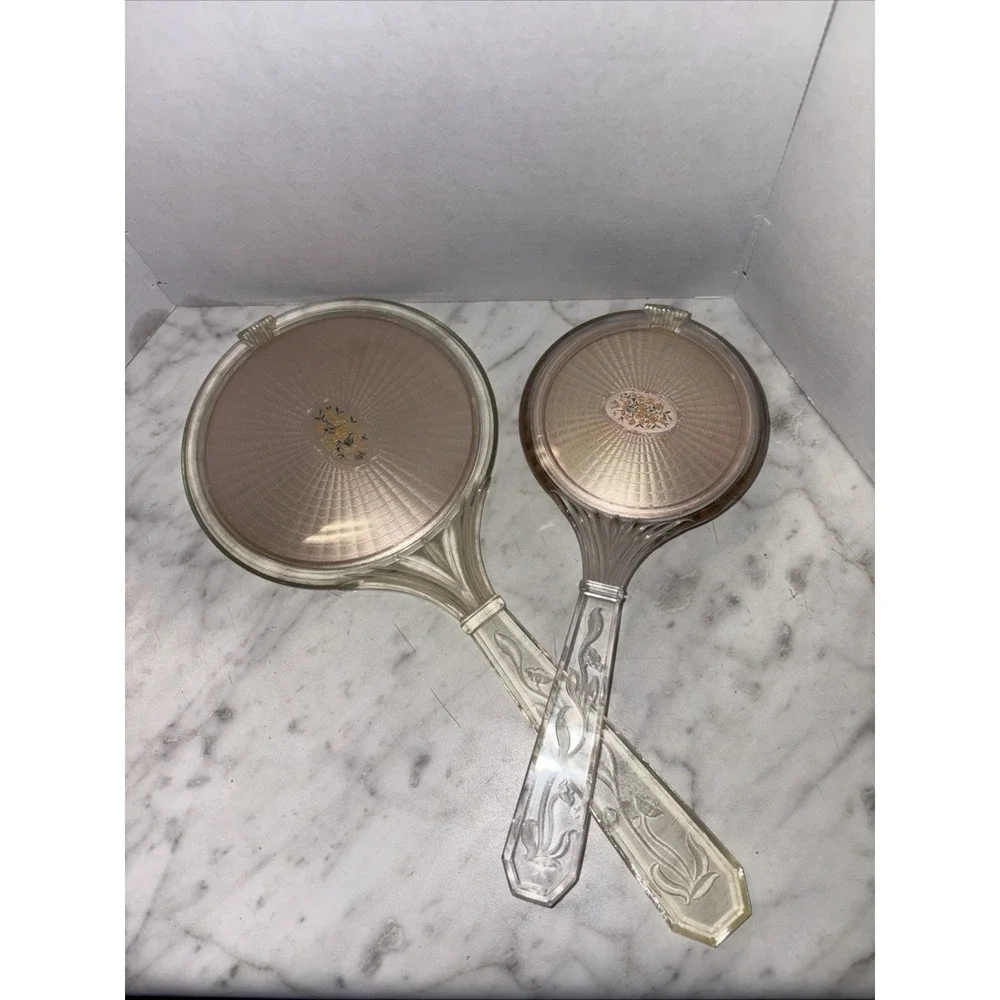 Vtg Early 20th Century Lucite Hand‎ Held Mirror Brush Floral Bouquet Medallian